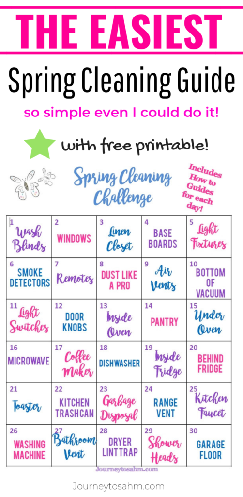 The ultimate spring cleaning list printable with all the hacks you need to clean your kitchen, bathroom, and more. Take deep cleaning head on and keep your motivation up with a simple downloadable checklist calendar for busy moms! So simple anyone can do it! #deepcleaning #cleaninghacks #freeprintables #homecleaning #cleaningtips
