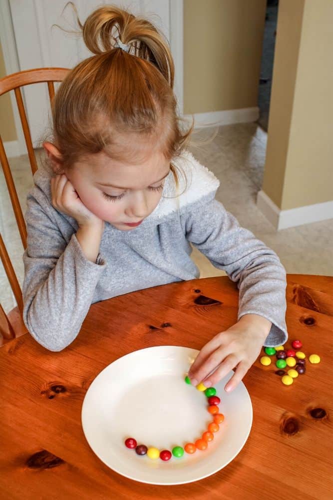 Girl placing Skittles on a plate