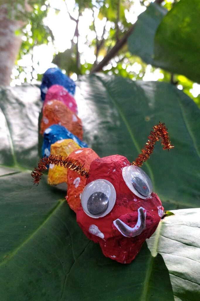 Finished caterpillar craft intended for toddlers and preschoolers